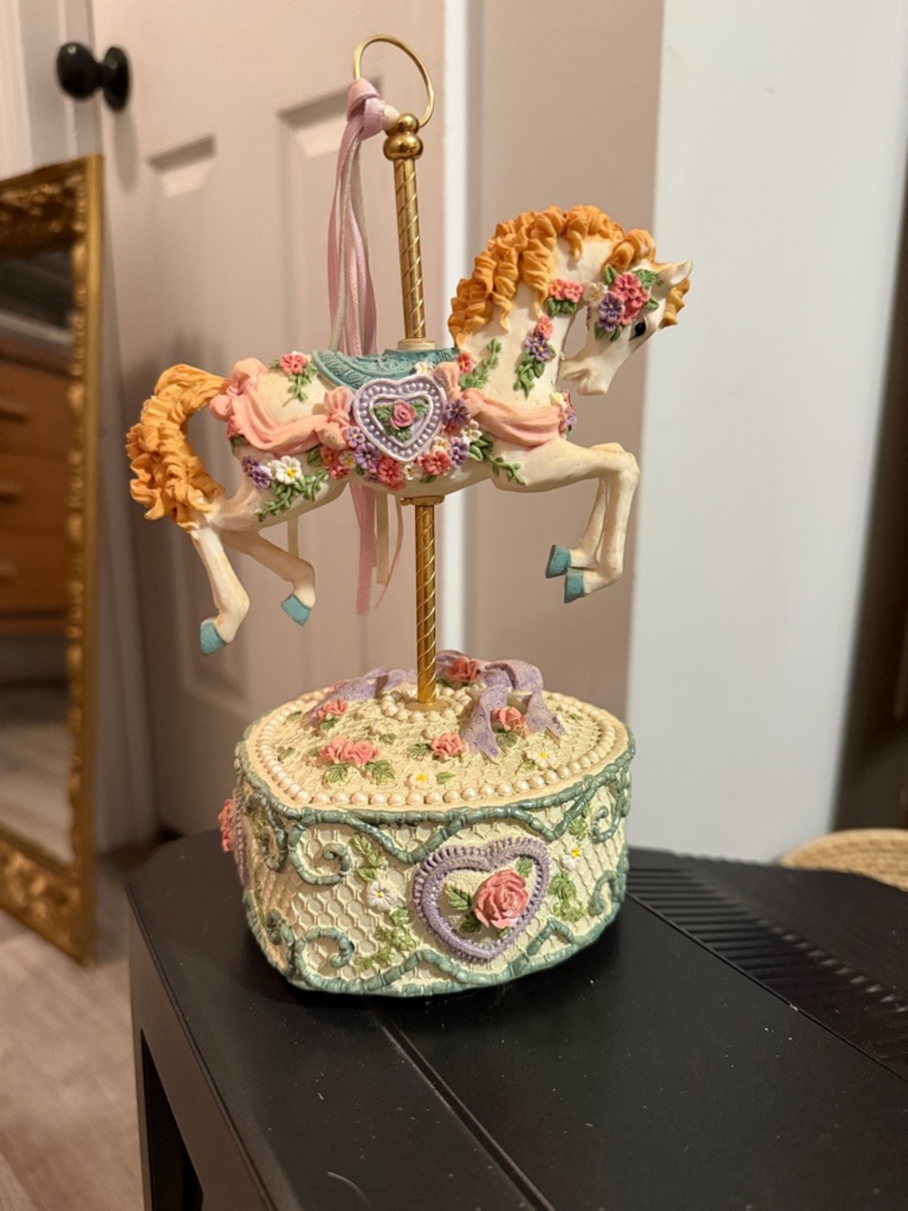 Ornate Carousel Horse Music Box - Pastel Pink, Cream & Mint